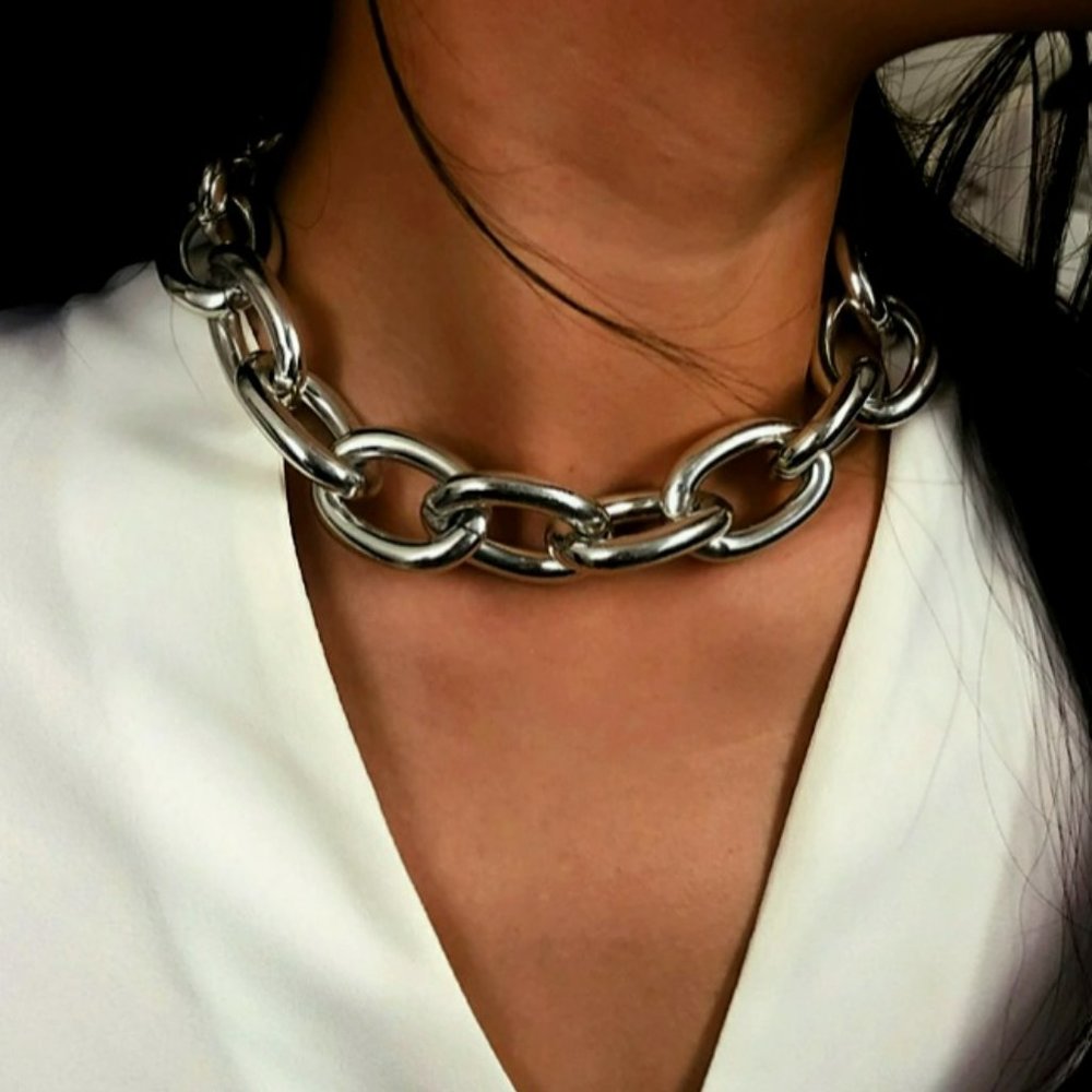 3 x Thick Silver Link Chain Statement Necklace